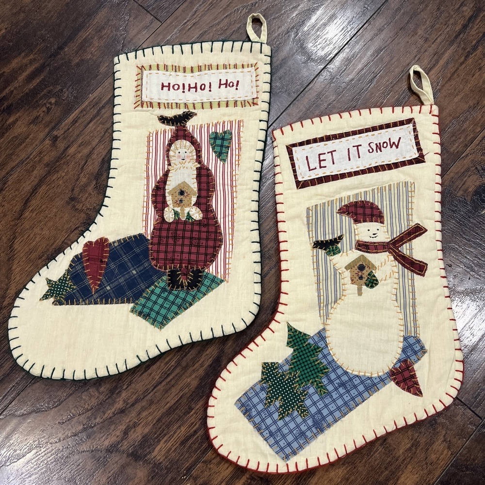 Stitched Quilted Christmas Stockings Snowman Let It Snow Santa Ho Ho Ho Lot Of 2
